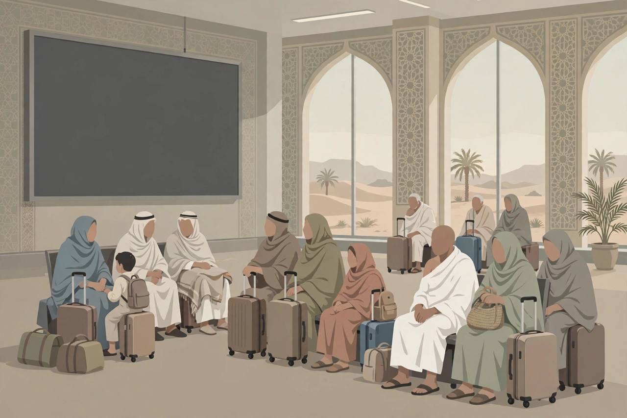 Editorial illustration of generic pilgrim travellers with luggage waiting in an airport terminal, looking at a blank departure board