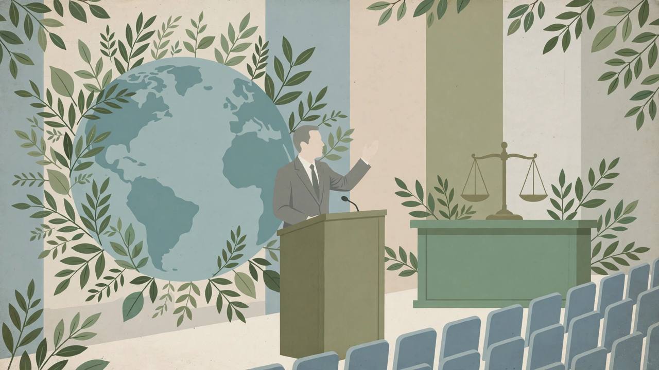 Editorial illustration of a generic diplomat at a United Nations assembly podium with a globe, green climate leaves, scales of justice and a green tribunal bench