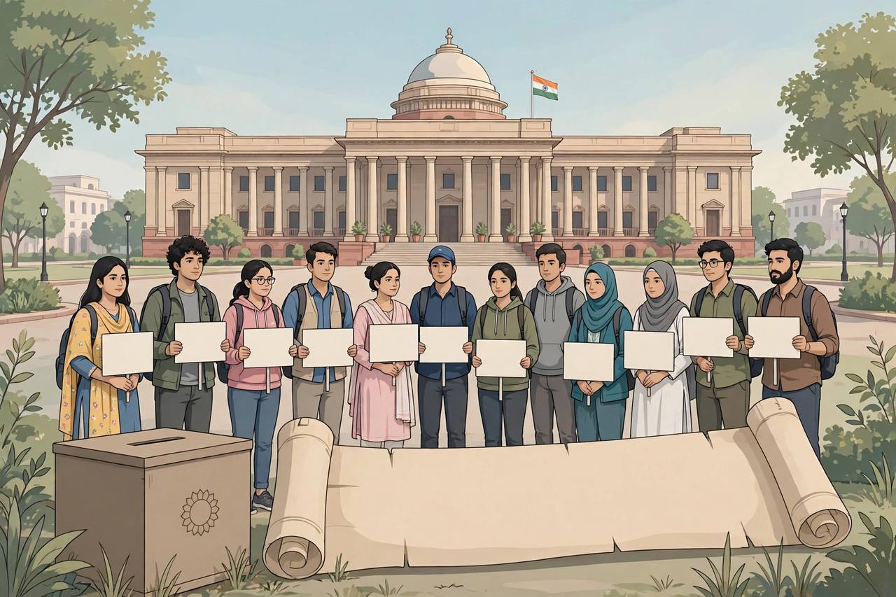 Editorial illustration of generic young protesters with blank placards outside a government election office, with a ballot box and a voter-list scroll