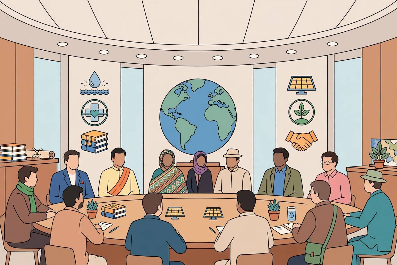 Editorial illustration of delegates from many countries at a UN-style conference table with a globe and development project symbols