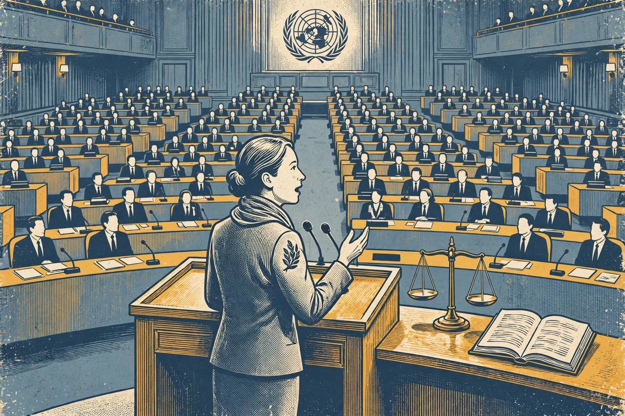 Editorial illustration of a generic woman diplomat addressing the UN General Assembly Third Committee, with scales of justice and an open book on the podium