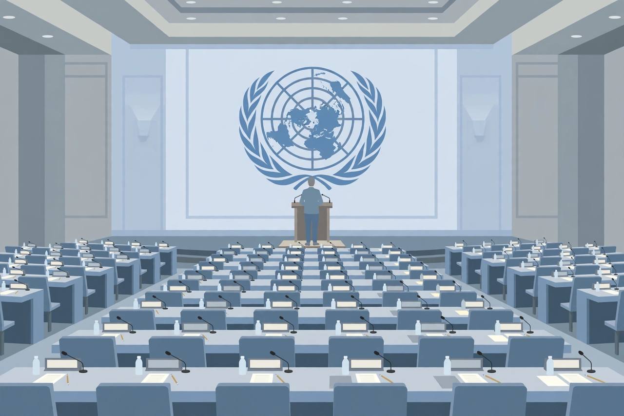 Editorial illustration of a UN committee room with a generic delegate speaking at a podium beneath the UN emblem