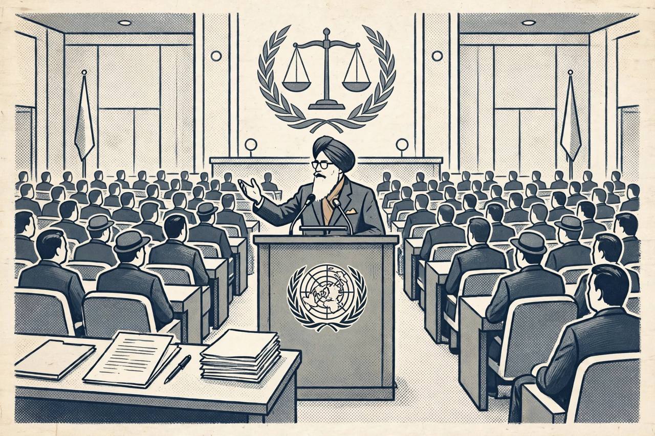 Editorial illustration of a generic diplomat speaking at a United Nations assembly podium, generic figures only