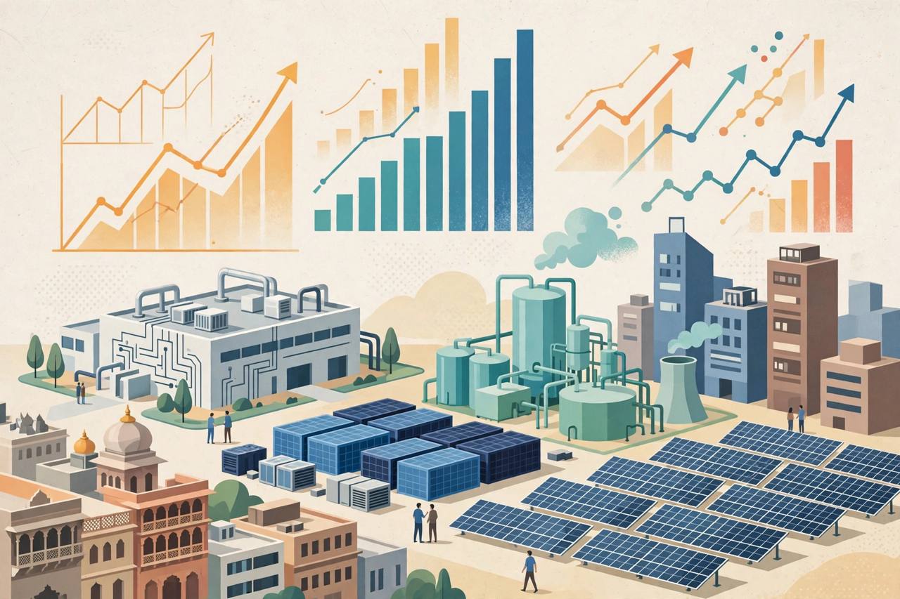 Editorial illustration of a stylised Indian skyline with a semiconductor factory, battery storage, green hydrogen plant and growth charts