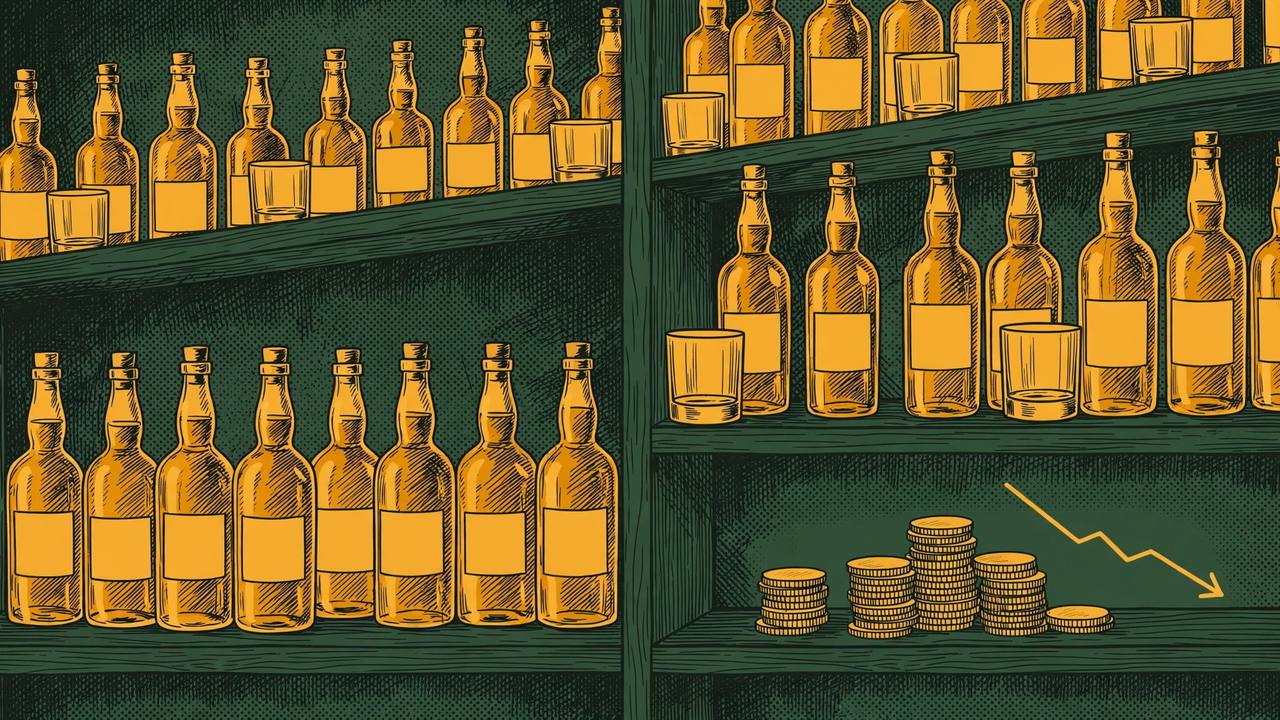 Editorial illustration of generic whisky bottles on premium bar shelves with a downward chart arrow and stacked coins