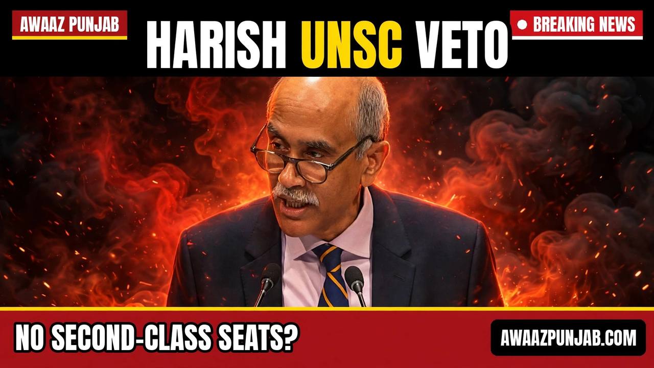 Branded Awaaz Punjab thumbnail showing India's UN Ambassador Parvathaneni Harish with the headline on equal veto rights in Security Council reform