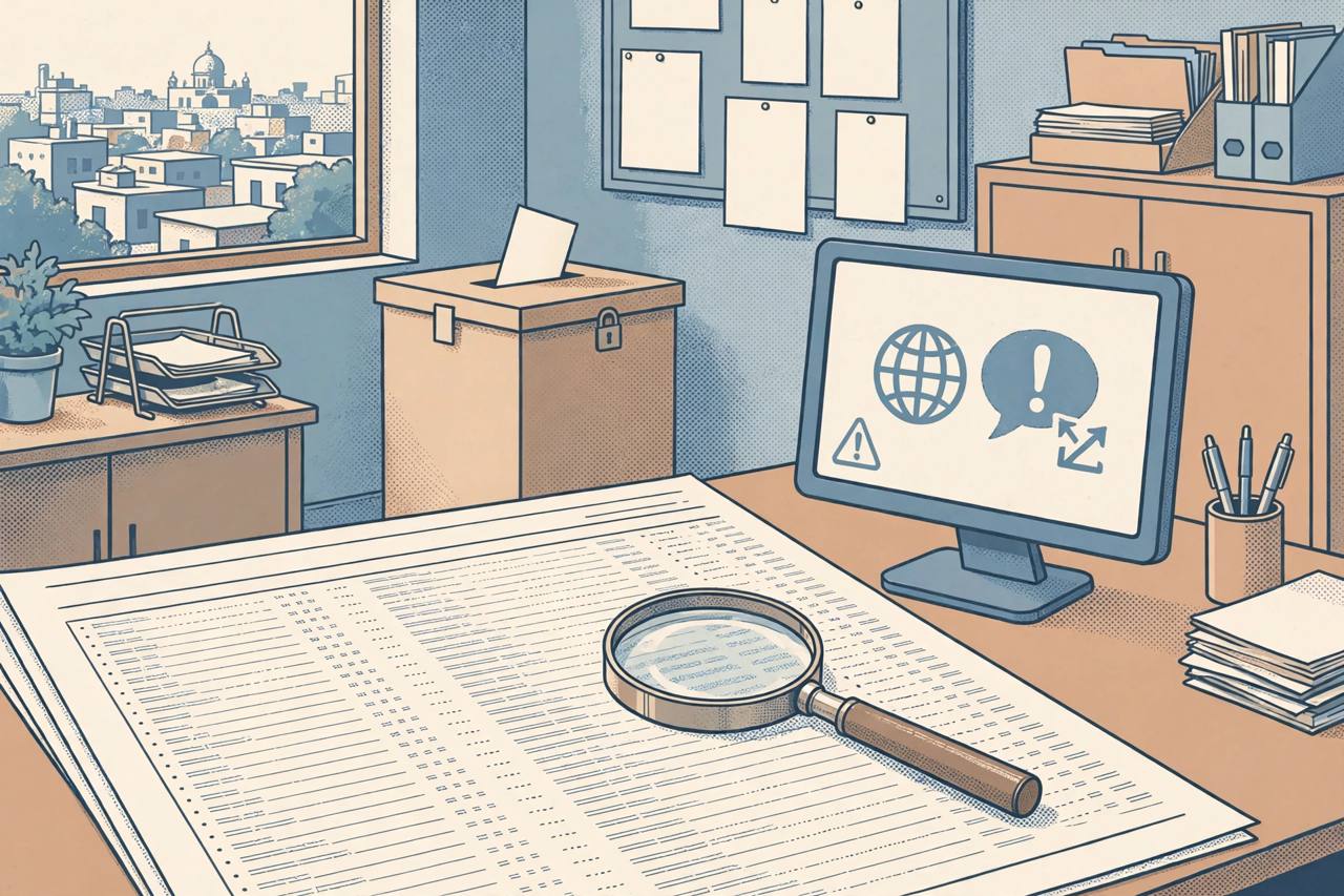 Editorial illustration of a printed electoral roll with a magnifying glass, a computer showing a translation error and a ballot box