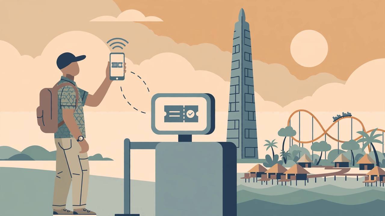 Editorial illustration of an Indian traveller paying by smartphone for attraction tickets with a skyscraper and an island resort behind