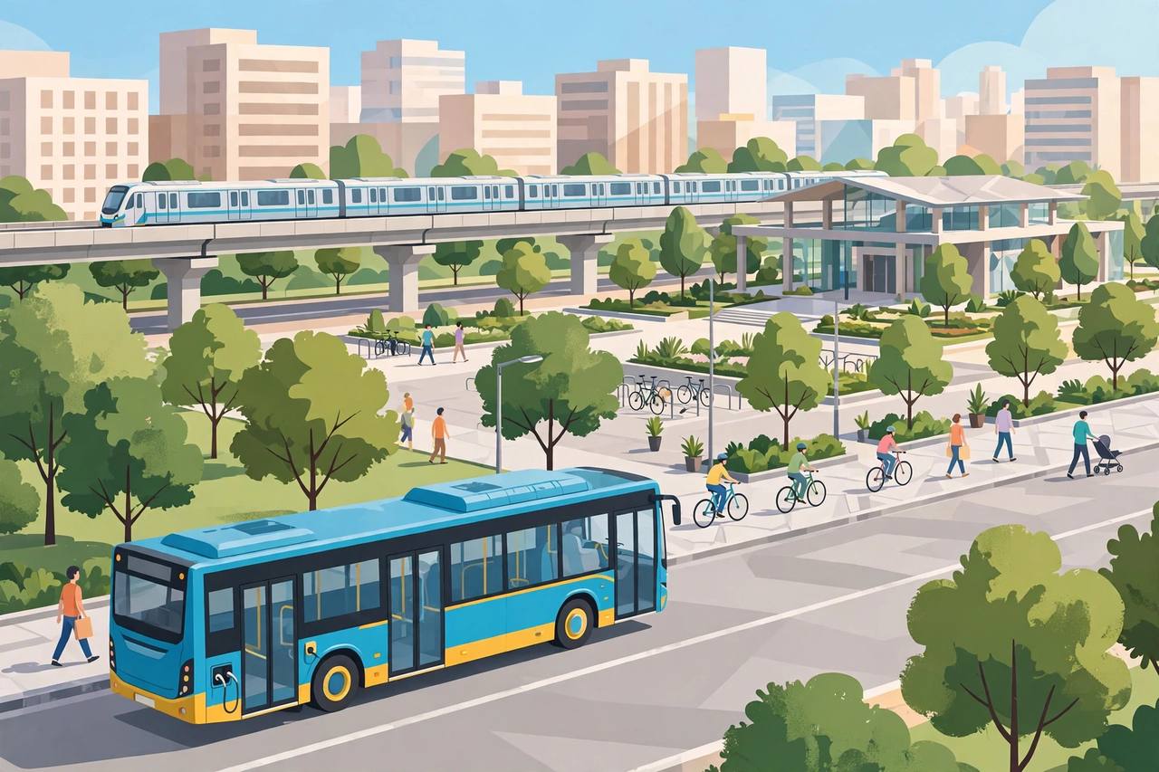 Editorial illustration of a modern Indian city with an electric bus, a metro train, cyclists and pedestrians on wide footpaths