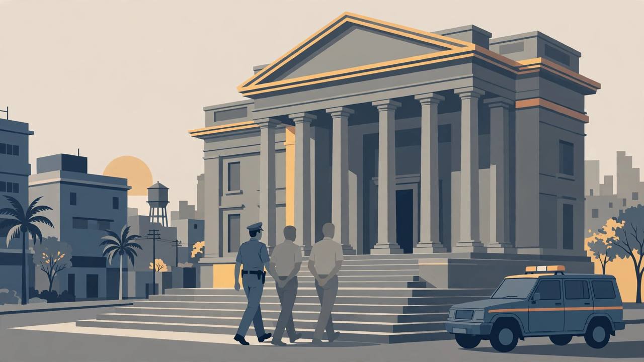 Editorial illustration of a courthouse with a police vehicle outside and generic figures being escorted inside