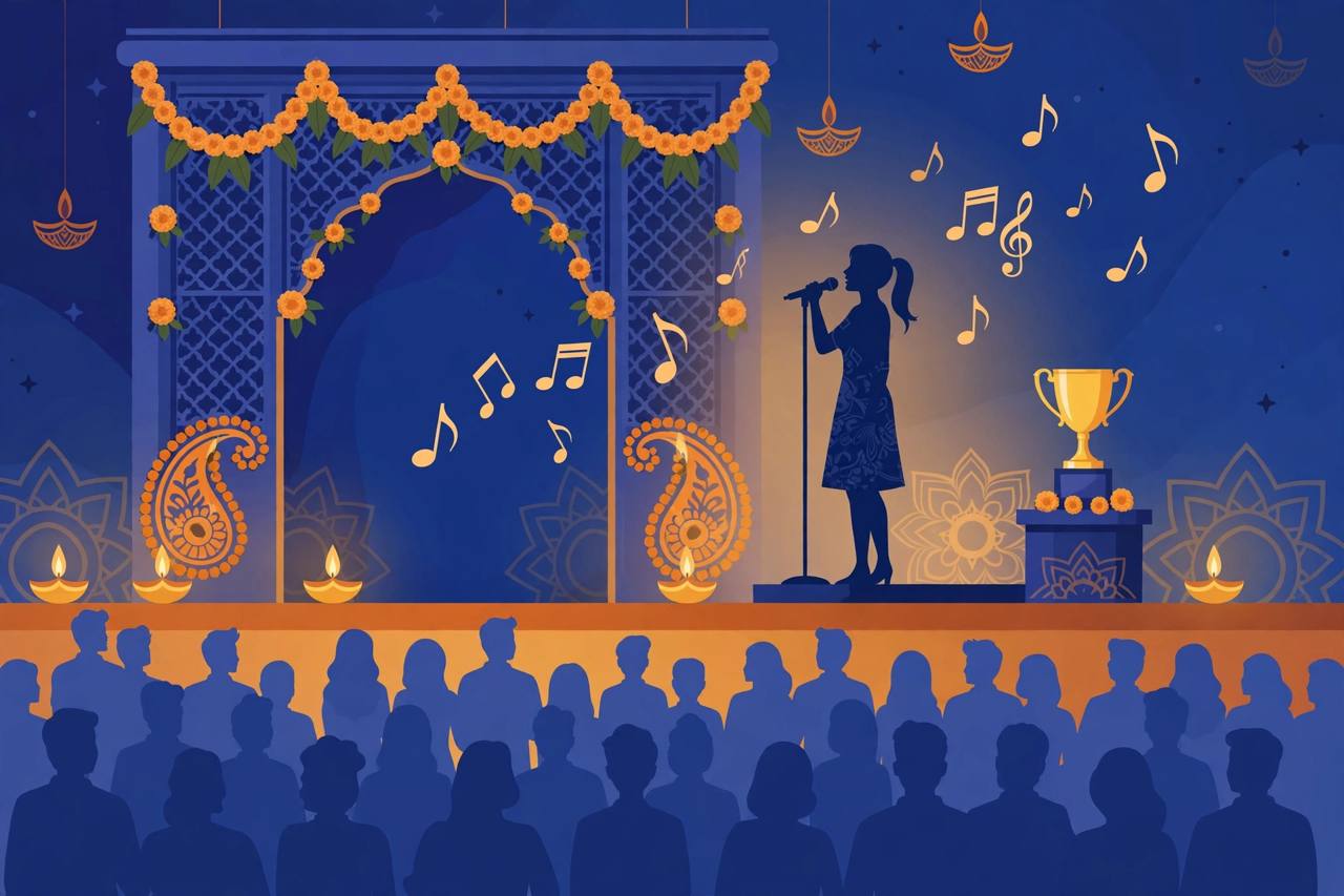 Editorial illustration of a generic singer silhouette on a decorated award stage with musical notes and a golden trophy, flat style