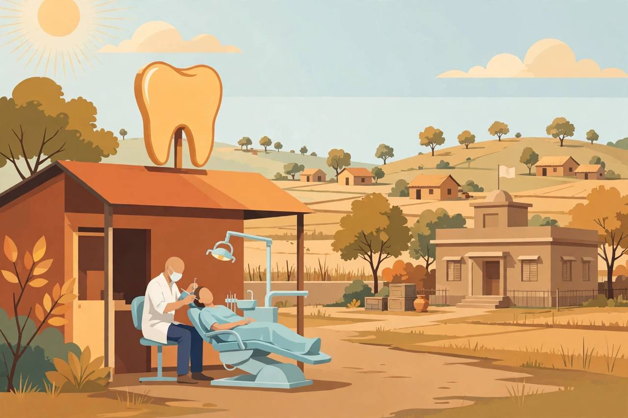 Editorial illustration of a generic dentist treating a patient at a small rural clinic with a large tooth sign, a village and a government building behind, flat style