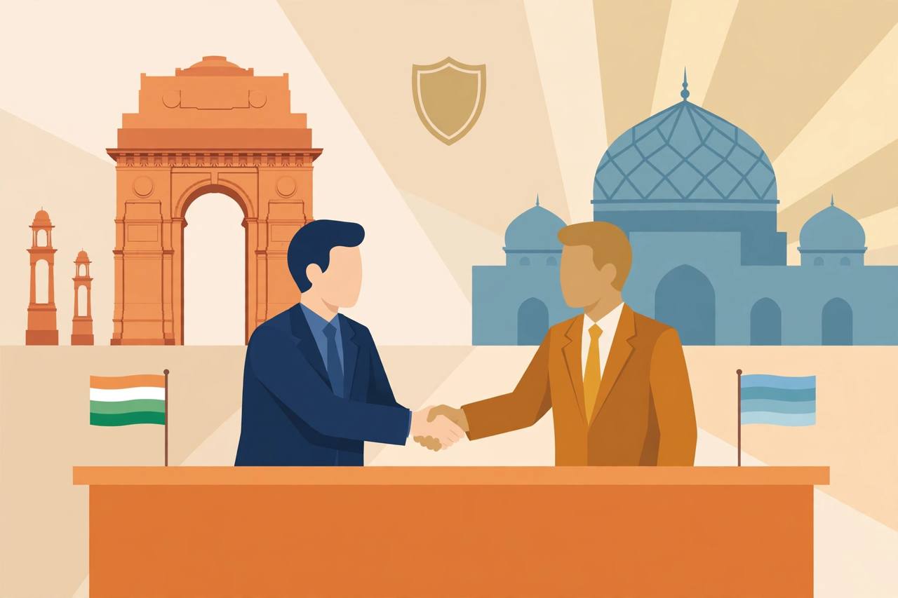 Editorial illustration of two generic diplomats shaking hands at a conference table with India Gate and a Central Asian dome in the background; no real person depicted