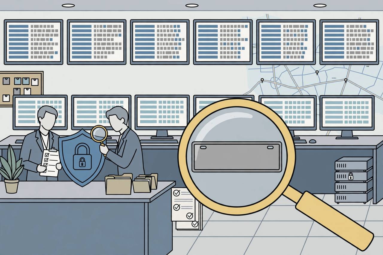 Editorial illustration of a transport database control room with vehicle records on screens, a magnifying glass over a licence plate and auditors checking a shield with a padlock
