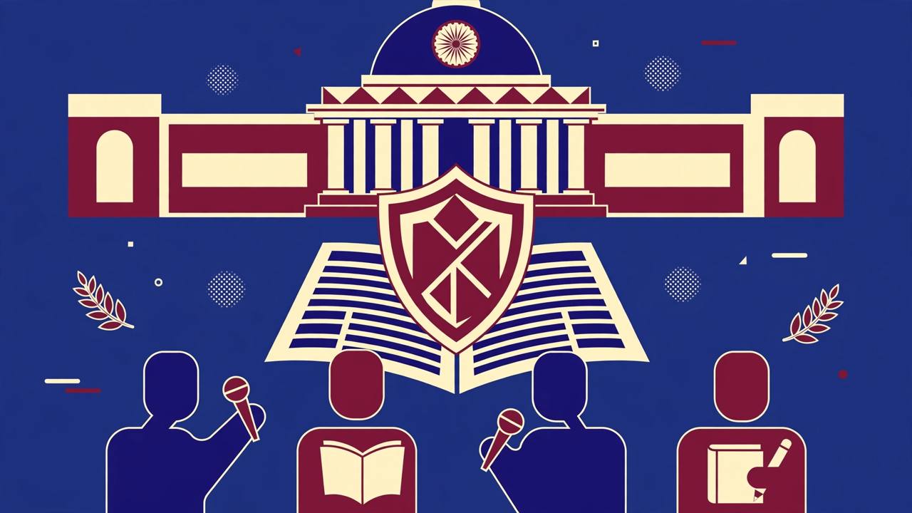Editorial illustration of journalists with microphones before a government building, a shield over a newspaper, generic figures only