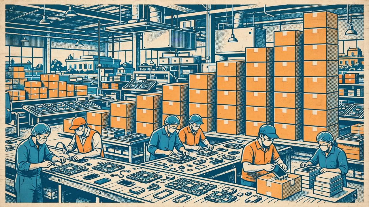 Editorial illustration of a mobile phone factory in India with generic workers on an assembly line building smartphones, circuit boards and components on conveyor belts, generic figures only, no real person's likeness