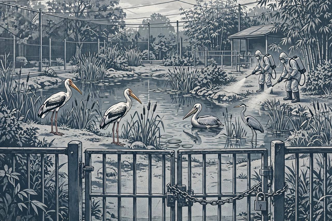 Editorial illustration of generic zoo staff in protective suits disinfecting a waterbird enclosure with storks and a pelican - flat style, no real person's face, no text