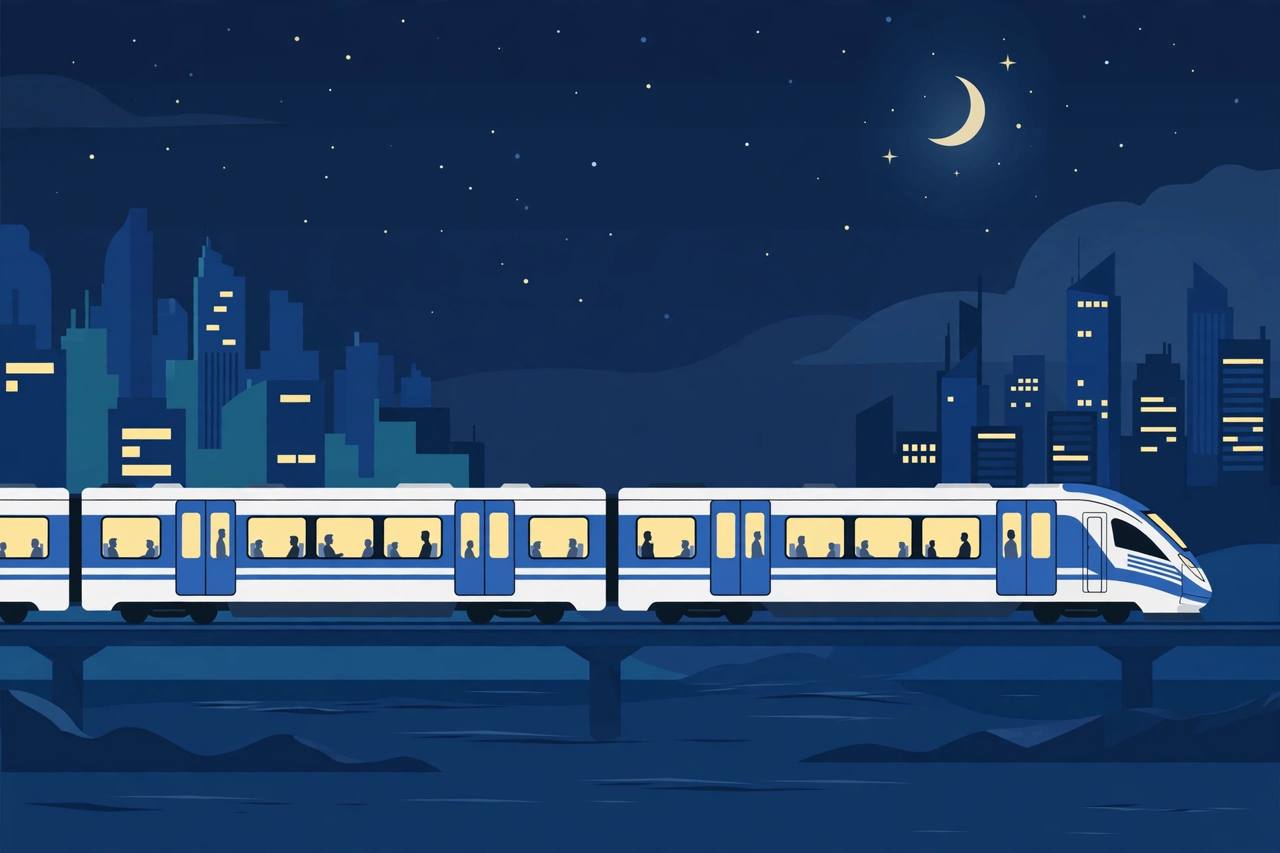 Modern sleeper train travelling at night between two city skylines under a moon (Editorial illustration)