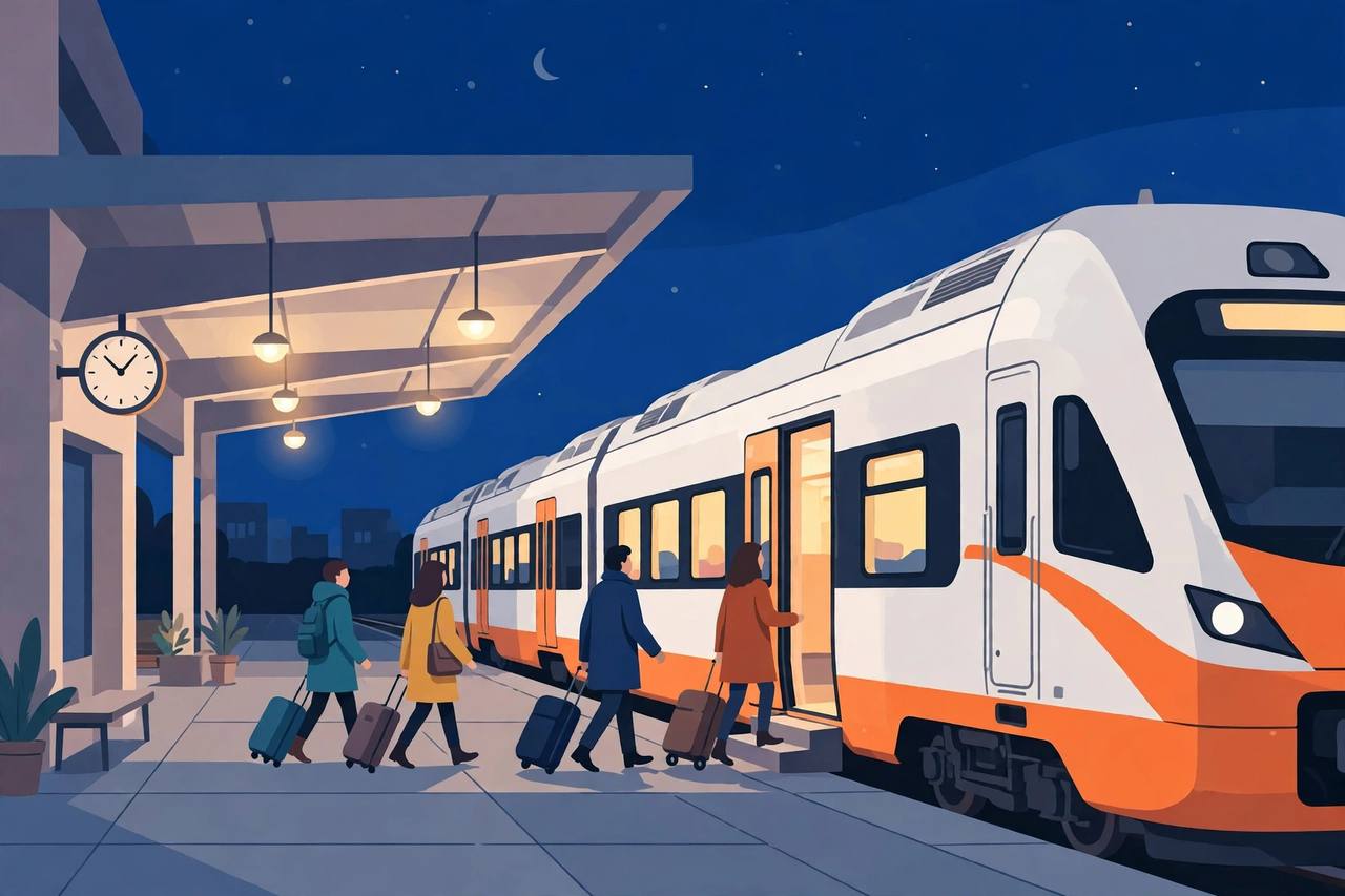 Editorial illustration of a white and orange sleeper train at a station platform at night with generic passengers carrying luggage towards its open doors