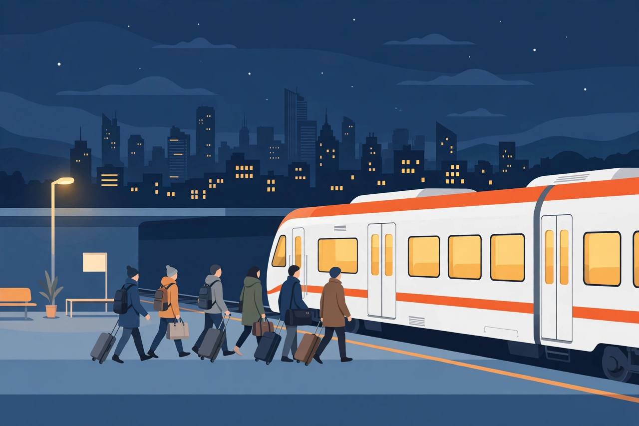 Editorial illustration of a modern sleeper train at a station platform at night with generic passengers; no real person depicted