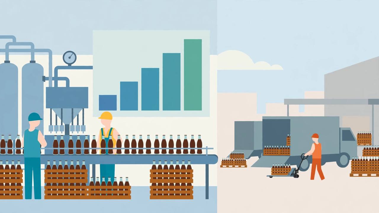 Editorial illustration of a beverage bottling plant with crates of generic bottles, a delivery truck and a rising bar chart