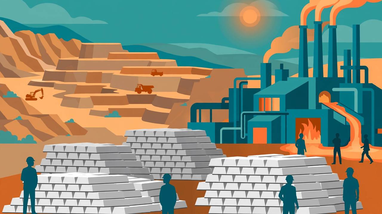 Editorial illustration of a terraced zinc mine, a copper smelter and stacks of silver ingots