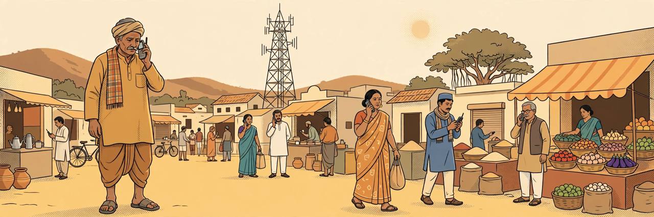 Editorial illustration of a villager speaking on a basic feature phone near a mobile tower
