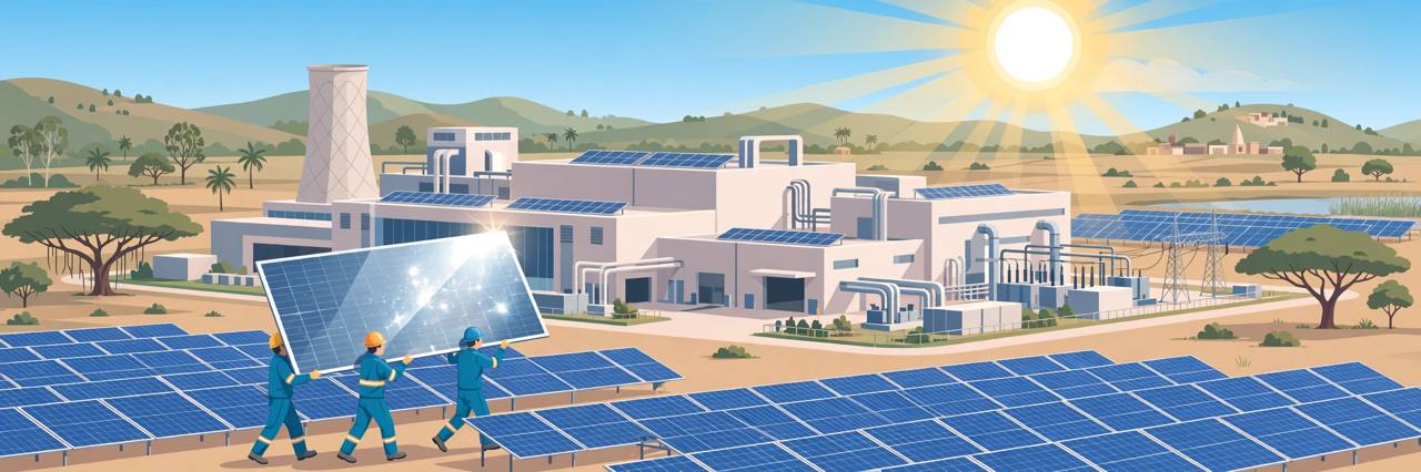 Editorial illustration of a solar cell manufacturing plant in Tamil Nadu with workers carrying a large solar panel and rows of panels under a bright sun