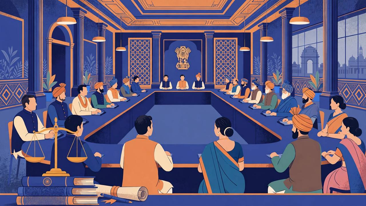 Editorial illustration of a national law-reforms conference hall with delegates from Indian states around a U-shaped table, scales of justice in the foreground, flat style, no text, no real people