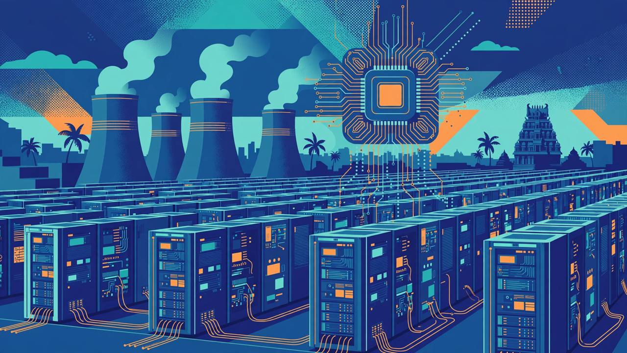 Editorial illustration of a futuristic AI data centre with rows of GPU server racks, a large computer chip and a Chennai temple gopuram skyline, flat style, no text, no people