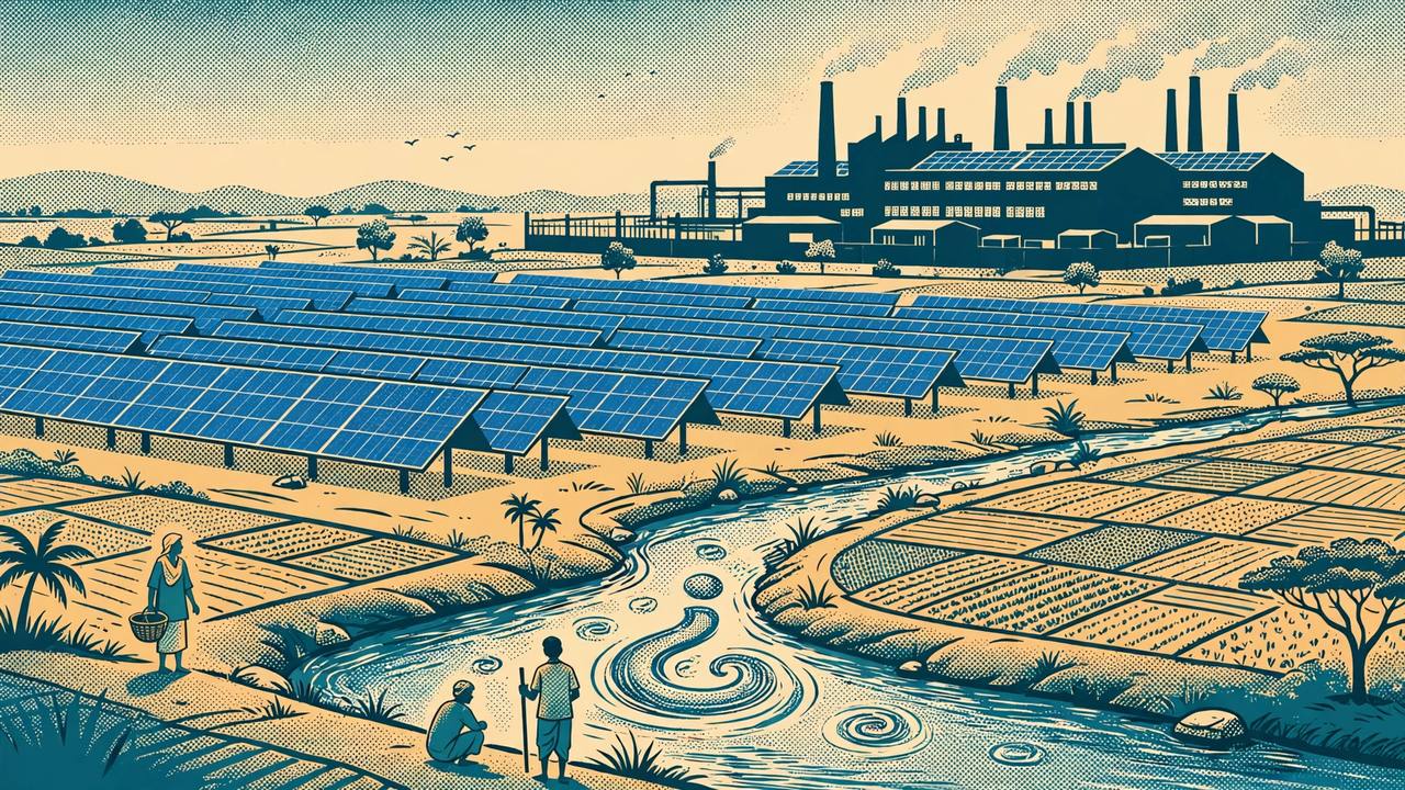 Editorial illustration of a solar panel factory beside a village stream flowing past farmland in Gujarat