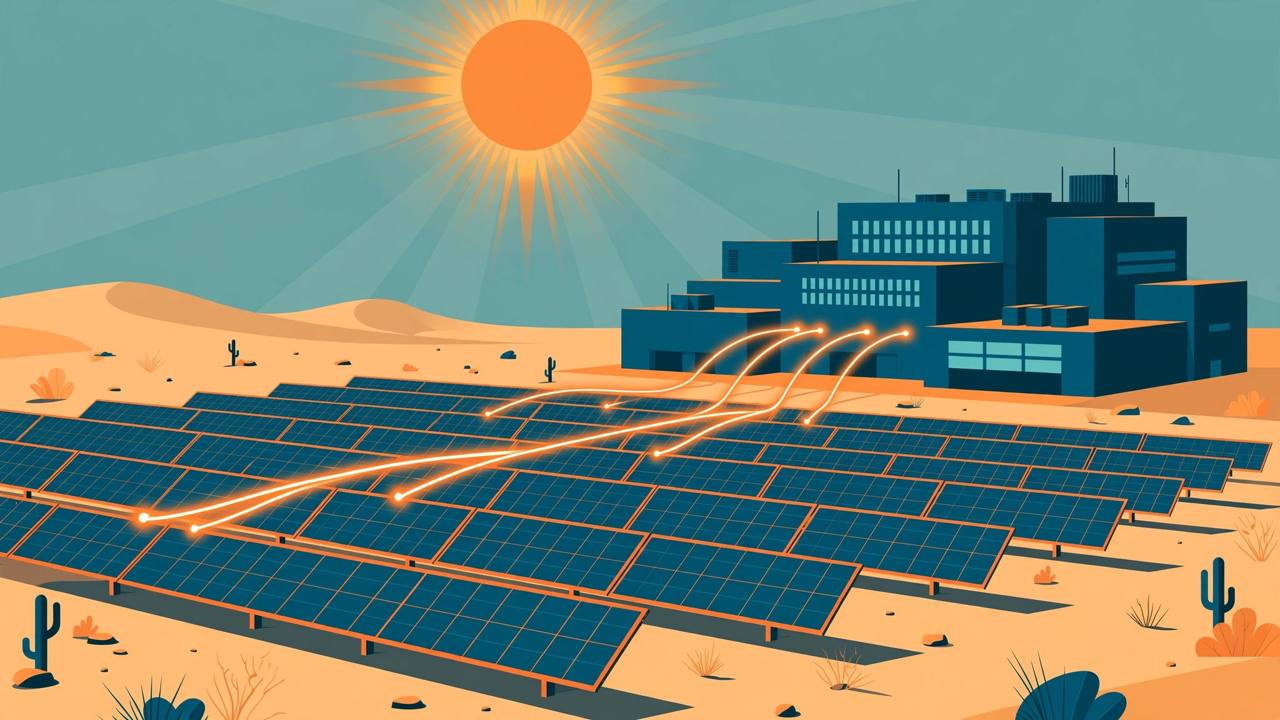 Editorial illustration of solar panels in a field with a data centre building rising behind them