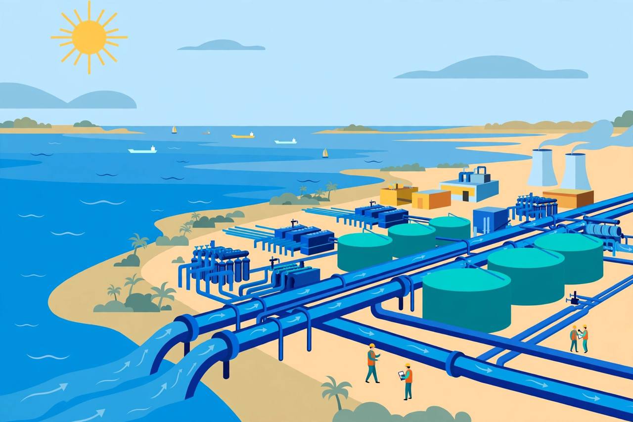 Editorial illustration of a seawater desalination plant on the Gujarat coast with pipes and tanks