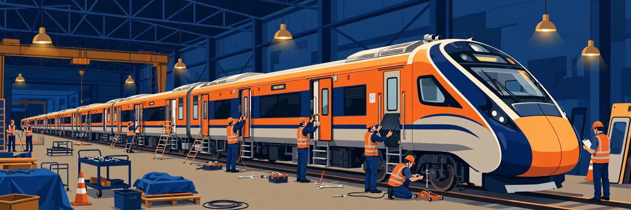 Editorial illustration of a Vande Bharat sleeper train inside a railway workshop, with generic engineers fitting doors and brake systems