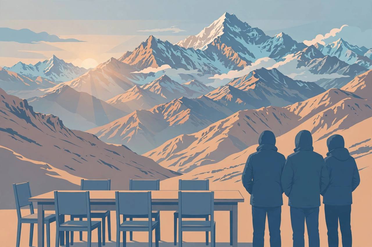 Editorial illustration of Ladakh's Himalayan mountains with an empty talks table and generic waiting figures in winter jackets — flat style, no text, no real person's face