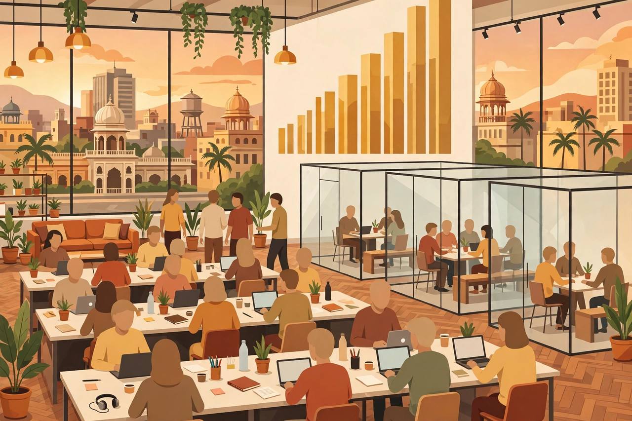 Editorial illustration of a modern flexible office workspace with rows of desks, generic office workers and a rising chart