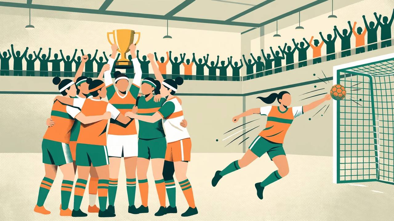 Editorial illustration of a women's handball team in generic kits lifting a trophy in an indoor arena