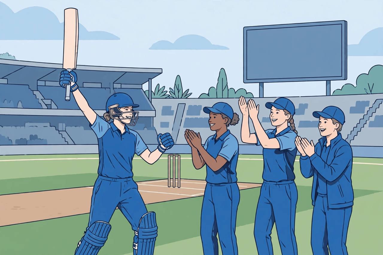 Editorial illustration of generic women cricketers in blue uniforms celebrating a victory on a cricket stadium field