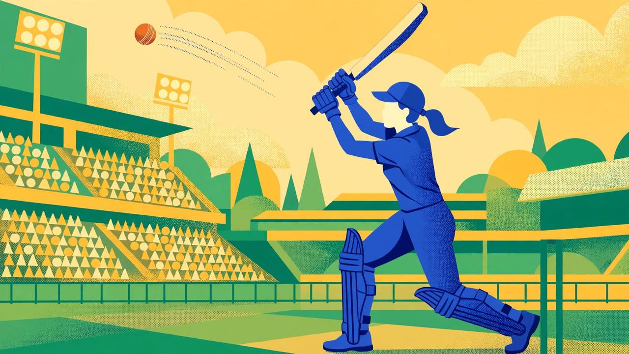 Editorial illustration of a generic women cricketer in a blue kit playing a batting stroke in a stadium