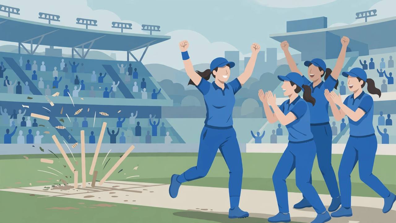 Editorial illustration of a generic woman cricket bowler in blue celebrating a wicket with teammates in a stadium, generic figures only