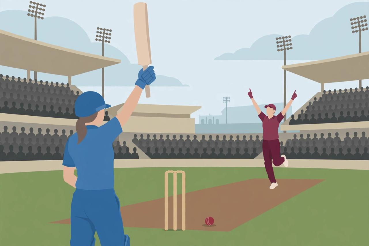 Editorial illustration of a generic women batter in blue celebrating a century and a bowler celebrating a wicket at a cricket stadium