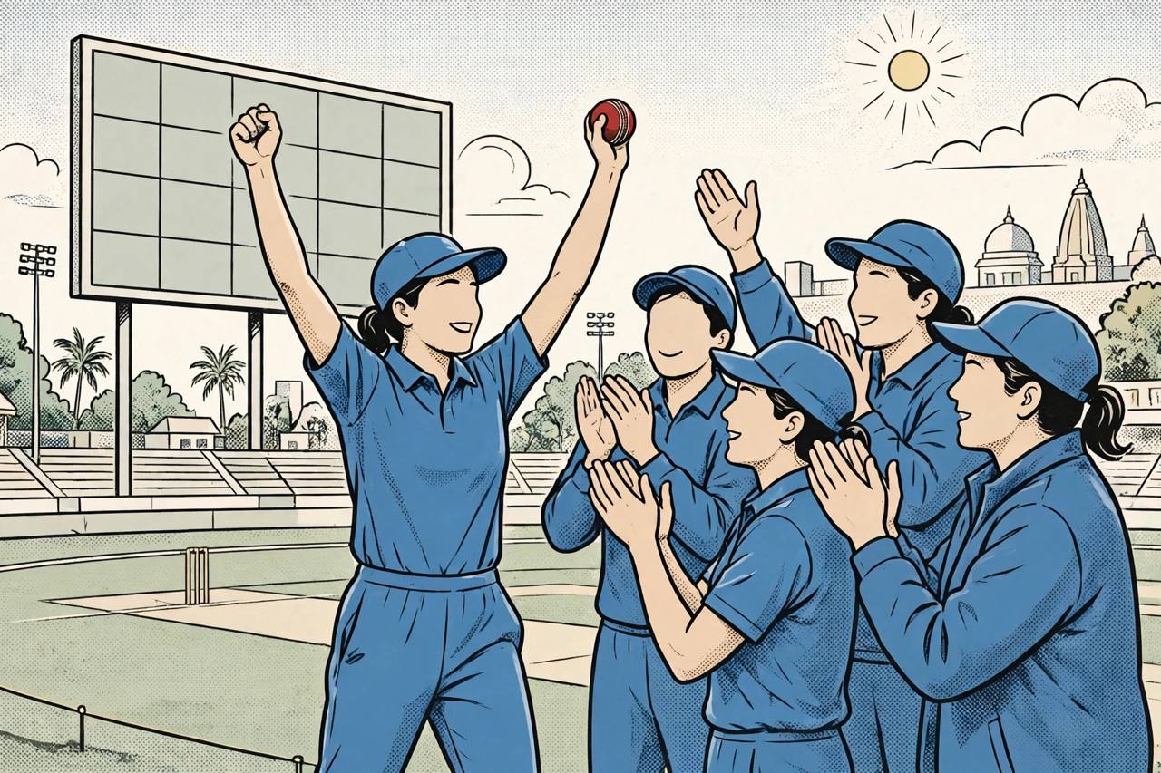 Editorial illustration of a generic Indian women's cricket team celebrating, with a young generic spin bowler holding up the ball
