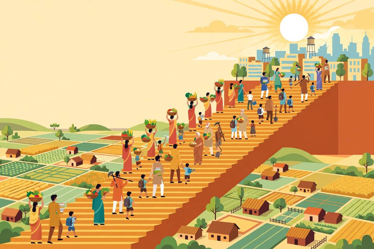 Editorial illustration of generic Indian families climbing a wide rising staircase from farmland and village houses toward a sunlit town, carrying food baskets, school books and farming tools