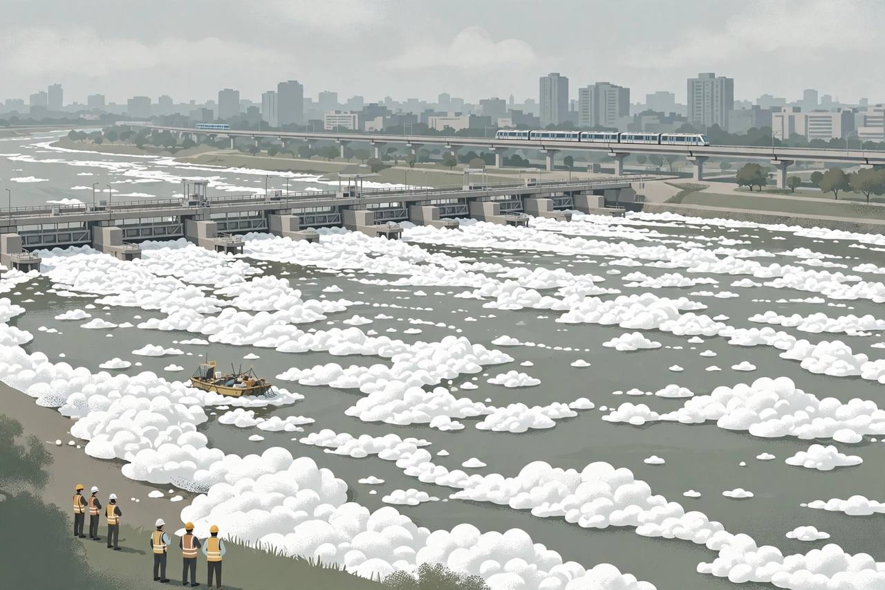 Editorial illustration of the Yamuna river at Kalindi Kunj in Delhi covered in thick white toxic foam below a barrage, with the city skyline and a metro train behind