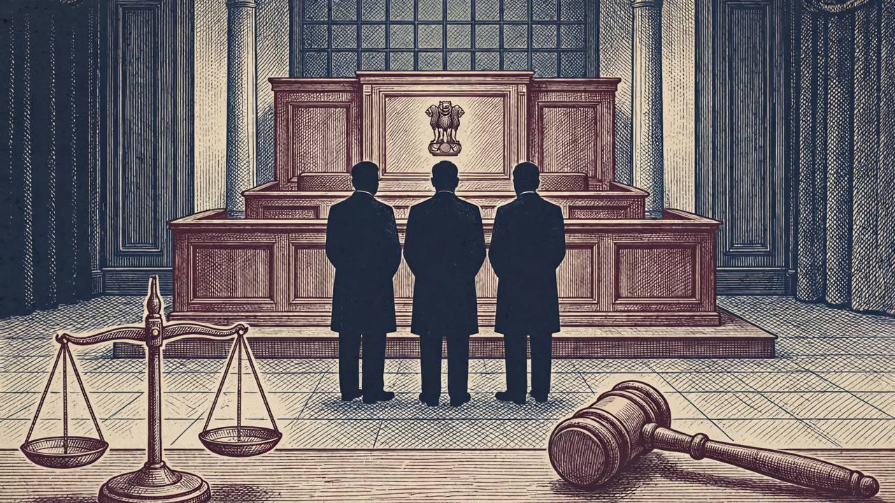 Editorial illustration of generic lawyers standing before a judge's bench in an Indian courtroom, with scales of justice and a gavel, flat engraving style