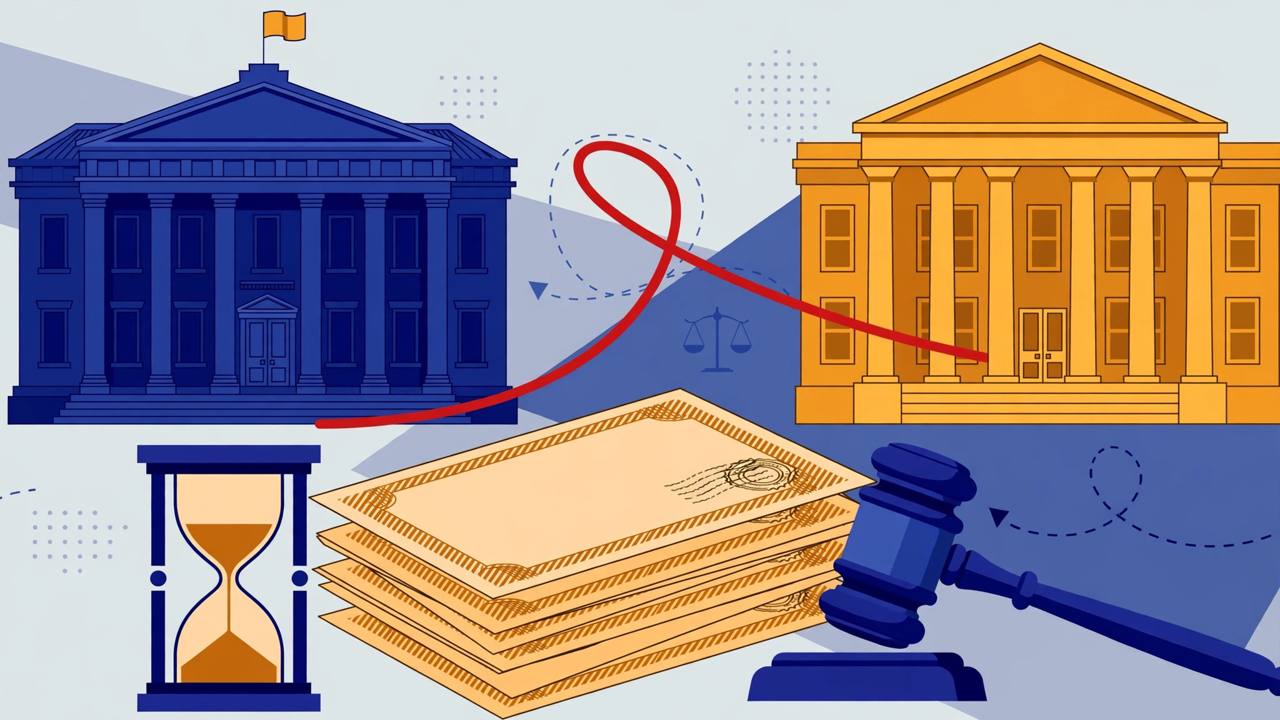 Editorial illustration of a bank building and a courthouse linked by a red thread, with bond certificates, an hourglass and a judge's gavel in the foreground