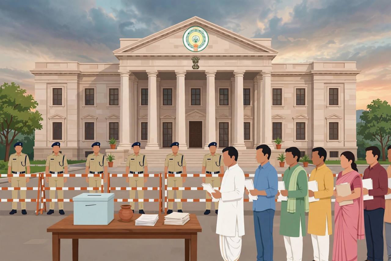 Editorial illustration of a courthouse, a ballot box and candidates with nomination papers behind a police cordon