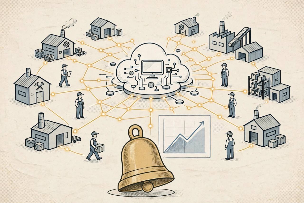 Editorial illustration of small factories and workshops connected by glowing lines to a central digital platform, with a listing bell and a rising stock chart, flat style, no real person depicted