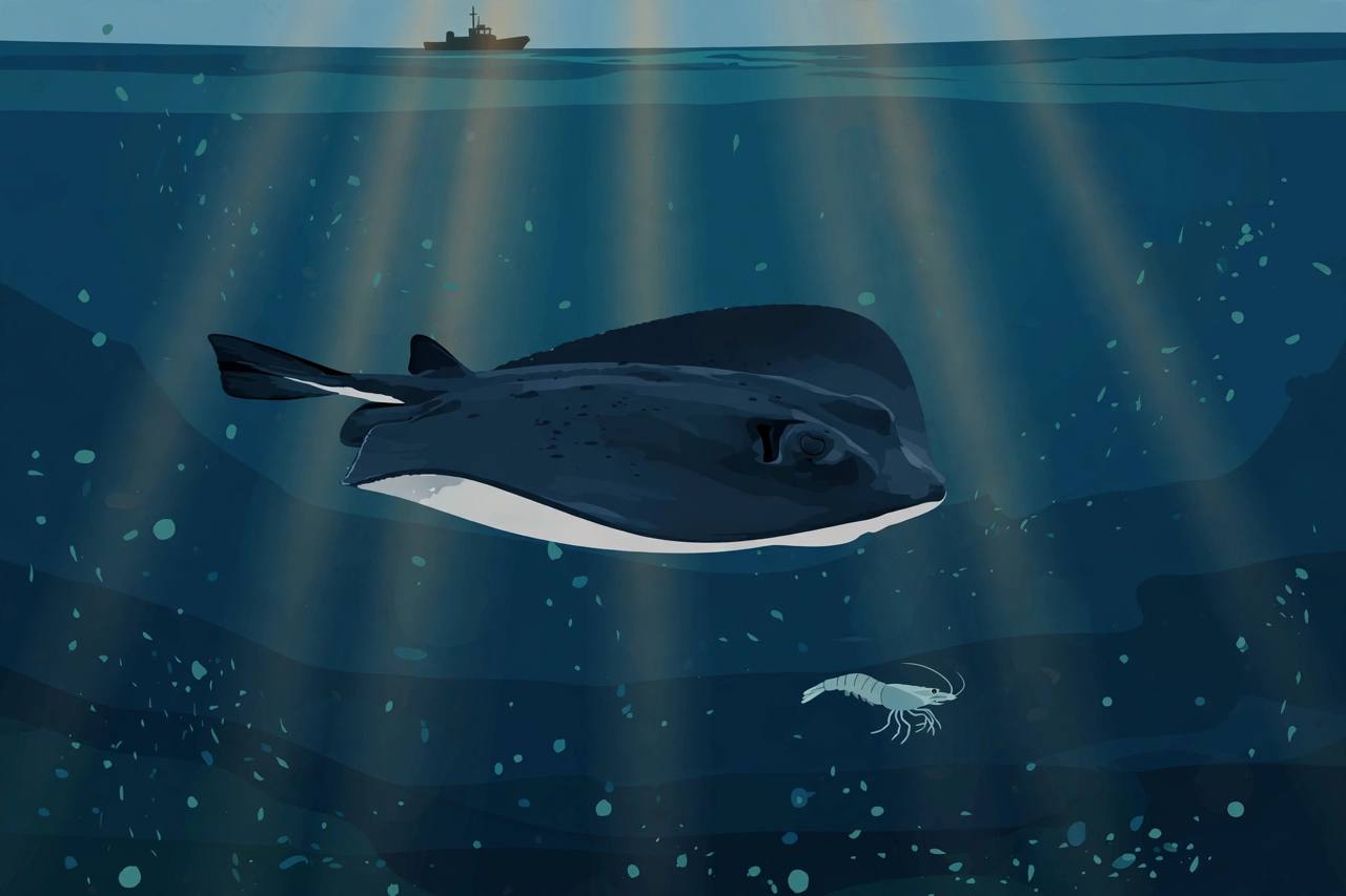 Editorial illustration of a large dark bluish-black electric ray with a whitish belly swimming in deep blue Arabian Sea water, with a small shrimp below and a trawler silhouette on the surface