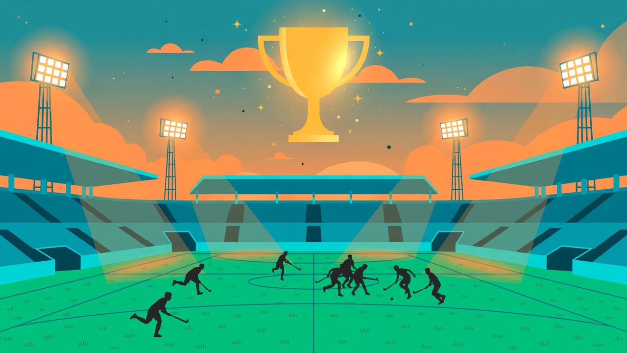Editorial illustration of a hockey stadium with players and a trophy